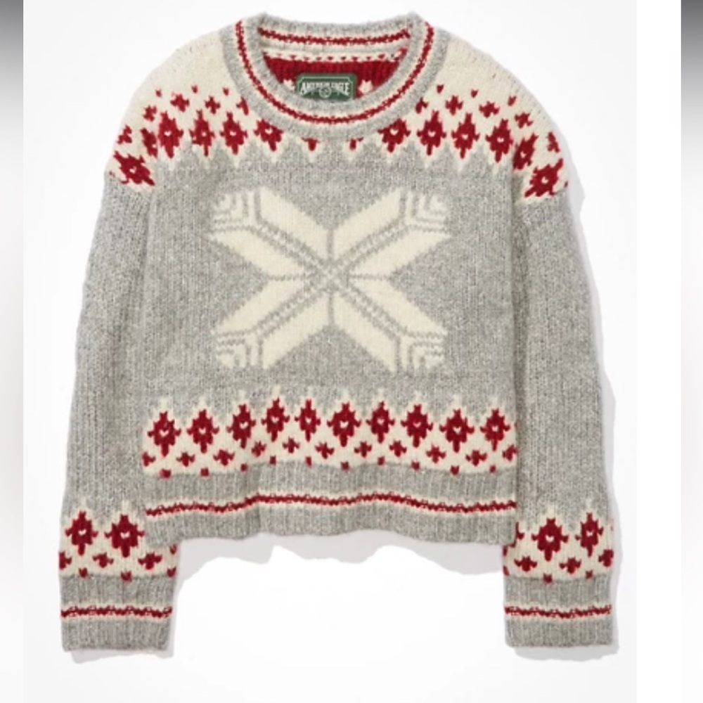 American Eagle Outfitters Gray & Cream Nordic Crewneck Sweater with Red Accents